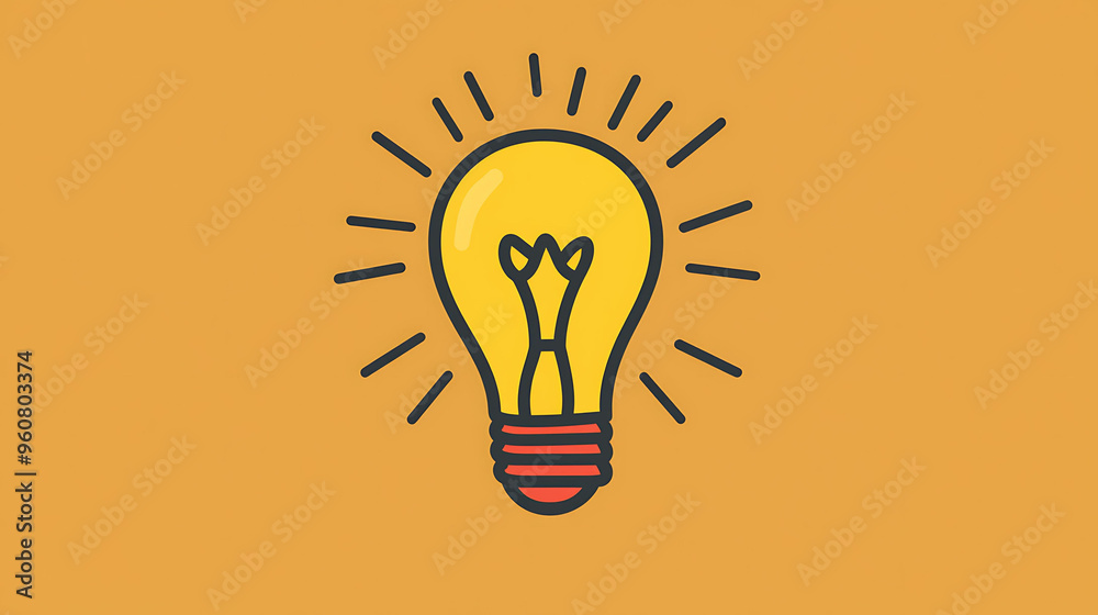 A bright yellow light bulb with a red base and black outline, radiating light.