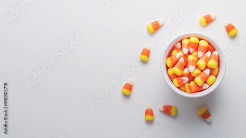 A bowl of candy corn, seen from above, sits on a white surface. Some extra pieces are scattered nearby.