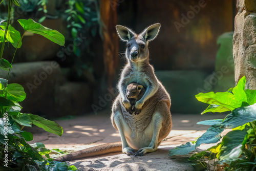 Portrait of a kangaroo with a baby in the marsupial pouch