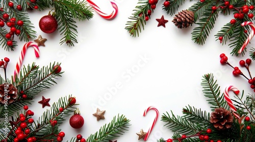 Christmas decorations on white background Flat lay, copy space.