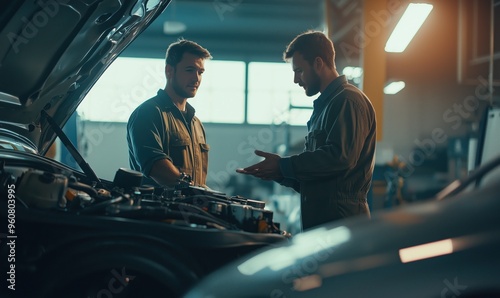 Two mechanics, dressed in worn coveralls, stand beside an open car hood in a well-lit workshop. They are engaged in a focused discussion, presumably about the car's engine and necessary repairs