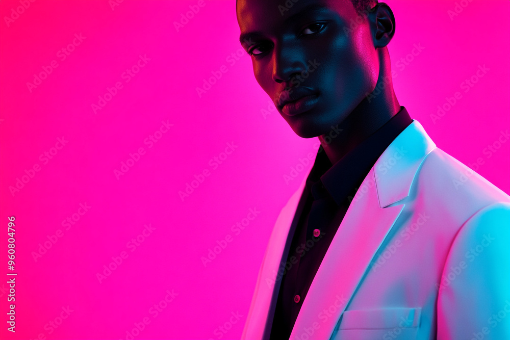 Fototapeta premium Men in White Suit with Solid Neon Pink Background Fashion Lifestyle Portrait, Trendy and Chic
