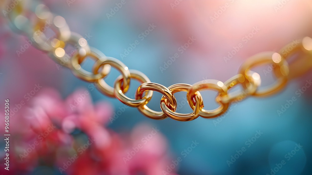Fototapeta premium Close-Up of a Shiny Gold Chain with a Blurred Background of Pink and Blue