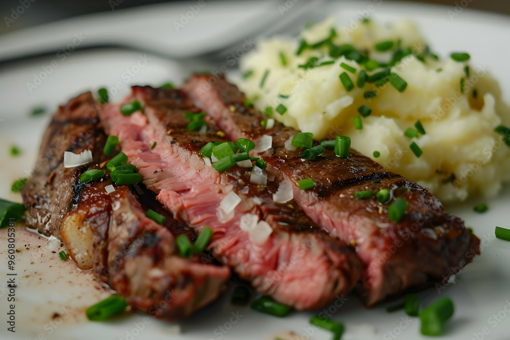 Grilled Steak with Mashed Potatoes and Chives - Food Photography Grilled Steak with Mashed Potatoes and Chives - Food Photography
