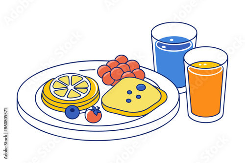 Delicious Breakfast Plate with Fresh Berries and Refreshing Orange Juice photo