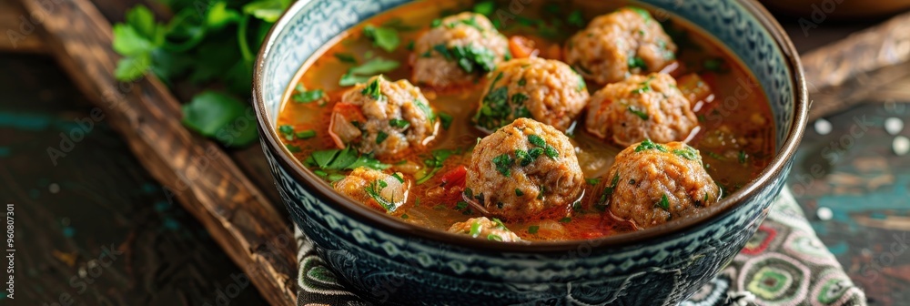 Meatball soup served in an elegant bowl with croutons under bright lighting; a classic dish featuring meatballs, also known as kyufta or faggots, offering a flavorful experience. Meatball soup served in an elegant bowl with croutons under bright lighting; a classic dish featuring meatballs, also known as kyufta or faggots, offering a flavorful experience.