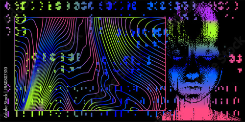 Colorful abstract design with swirling lines and vibrant gradients against a black background. A geometric pattern is featured on the right side, adding a modern and dynamic touch.
