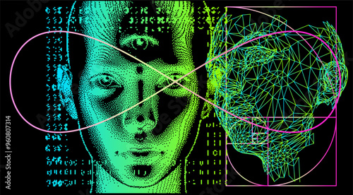 Pixel art of two female faces on a background with glitchy pixels. Futuristic illustration on the theme of technology and man.