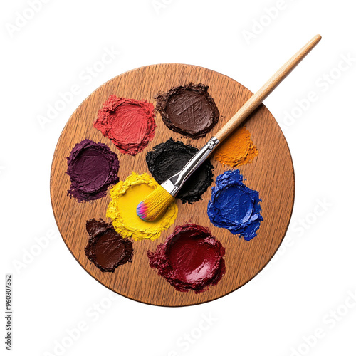 A vibrant artist palette filled with colorful paints and a brush, perfect for creative projects and art inspiration. Isolated on transparent or white background. photo