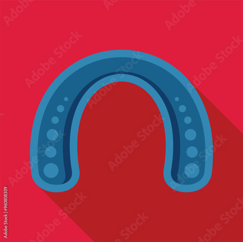 Blue horseshoe casting a shadow on red background, simple vector illustration in flat design