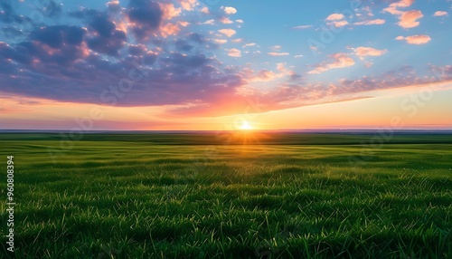 The vast green fields and the magnificent sky complement each other at sunset, and the soft light of the evening shines on the earth, showing the beauty and harmony of nature.