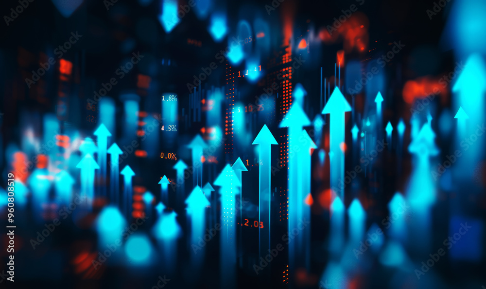 A stock market graph with blue arrows pointing upwards, indicating an upward trend in the financial backdrop. The background is dark and blurred to emphasize the focus A stock market graph with blue arrows pointing upwards, indicating an upward trend in the financial backdrop. The background is dark and blurred to emphasize the focus