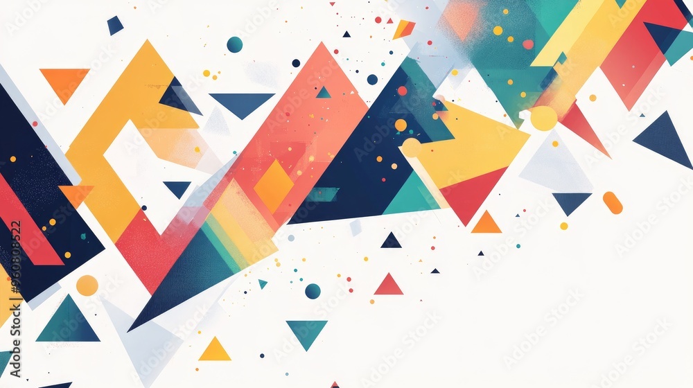 Fototapeta premium Dynamic geometric shapes cascading by size, featuring triangles, rectangles, pentagons, and hexagons on a white backdrop
