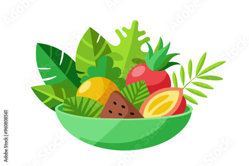 Decorative Bowl of Assorted Tropical Fruits with Garnishing Leaves A Stunning Fruit Arrangement photo