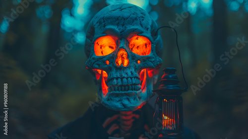 Halloween Skeleton Holding Lantern Wooden