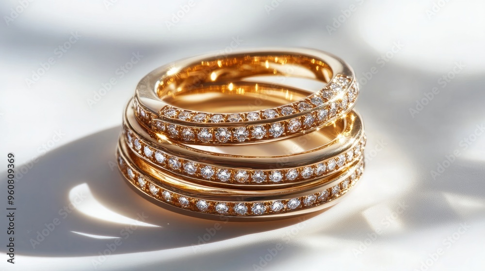 Gold rings set with diamonds set against a white background. Pictures of still life and creative shadows. simplest idea for a collection of stacked diamond rings Gold rings set with diamonds set against a white background. Pictures of still life and creative shadows. simplest idea for a collection of stacked diamond rings