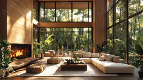 Modern living room with fireplace and large windows overlooking a lush green forest