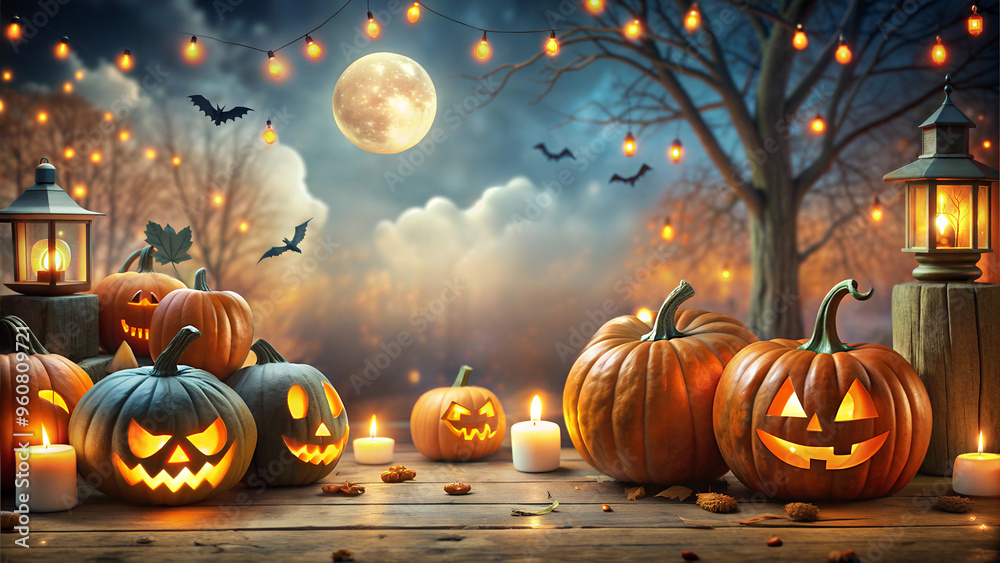 Halloween Pumpkin Display with Lanterns and Candles Under a Full Moon Halloween Pumpkin Display with Lanterns and Candles Under a Full Moon