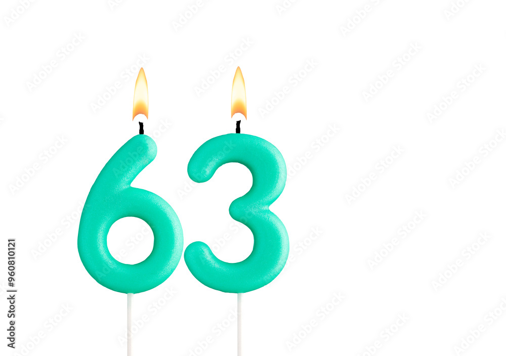 Birthday number 63 - Green birthday candle on white background Birthday number 63 - Green birthday candle on white background