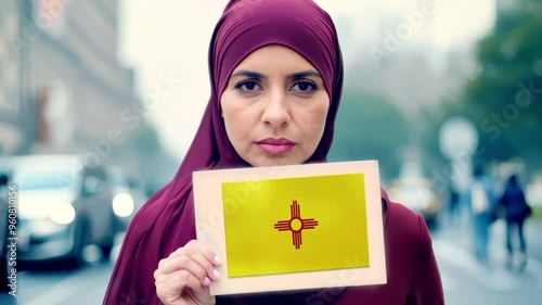 A Muslim Woman Holds A Frame Displaying New Mexico Flag photo