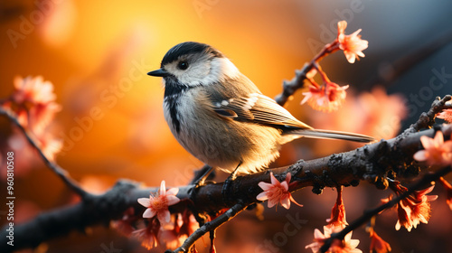 A small tit perching on a branch closeup view