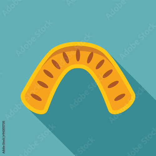 Yellow mouthguard protecting teeth from injuries during sports activities, isolated on blue background