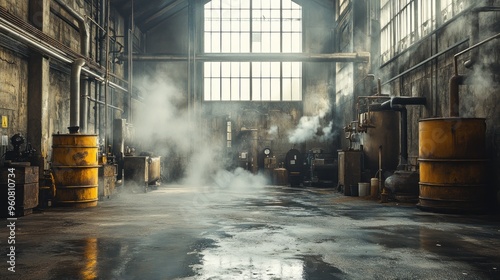 Industrial Factory Interior with Steam and Barrels