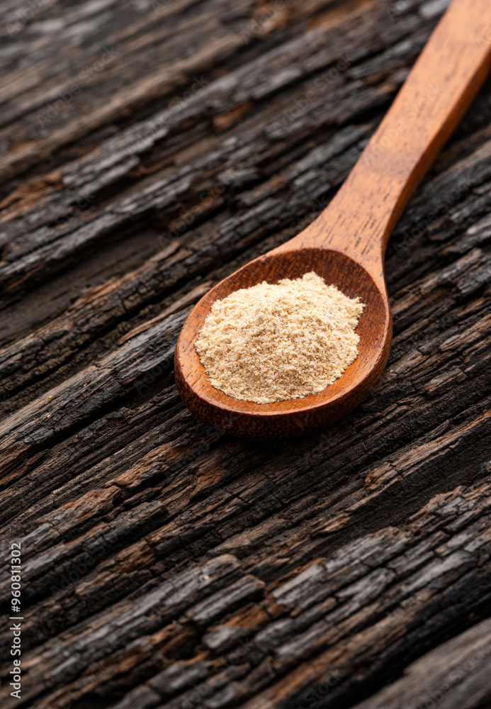 Organic Peruvian maca powder in spoon - Lepidium meyenii Organic Peruvian maca powder in spoon - Lepidium meyenii