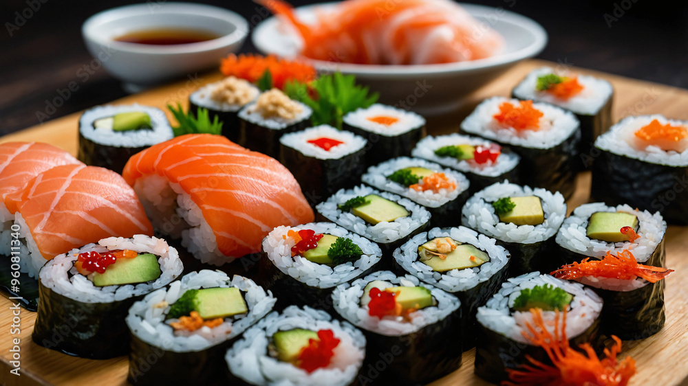 sushis and sashimis on a white tray on a light wooden table-4 sushis and sashimis on a white tray on a light wooden table-4