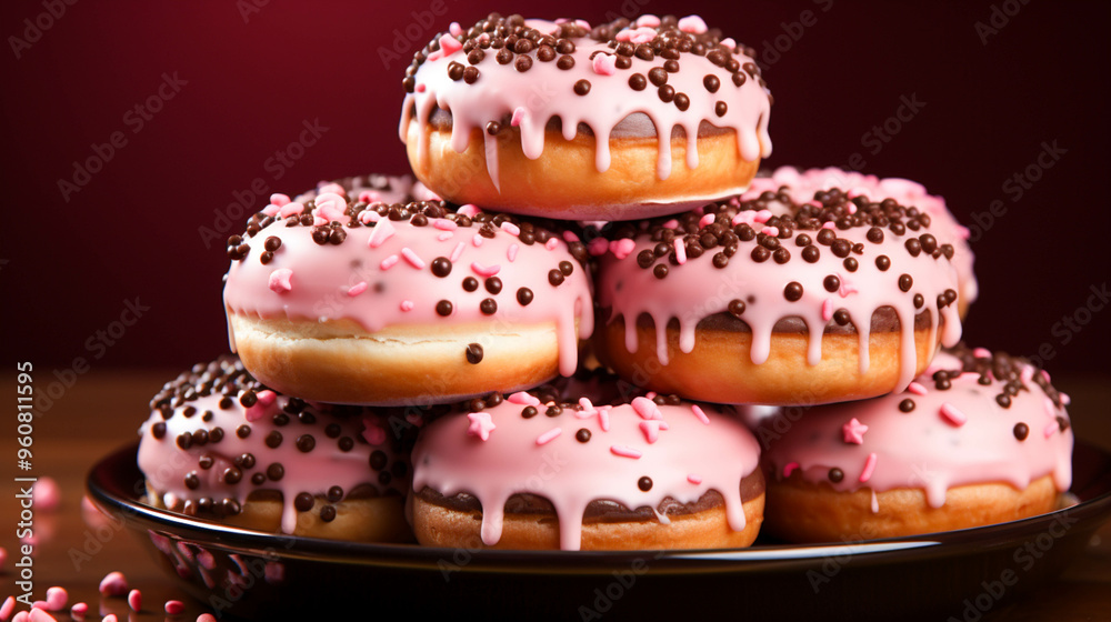 A stack of doughnuts with chocolate pink color background A stack of doughnuts with chocolate pink color background