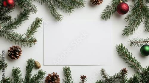 A festive Christmas and New Year holiday display featuring a blank white paper framed by natural fir tree branches pinecones and colorful decorations on a white flat lay background with copy space im