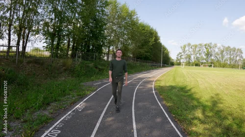 Young athletic man strides confidently along a park running track, relishing the fresh air and warm sunlight while maintaining his fitness routine Young athletic man strides confidently along a park running track, relishing the fresh air and warm sunlight while maintaining his fitness routine