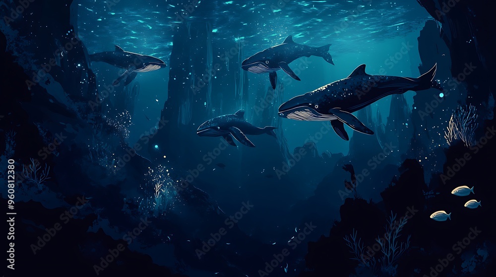 Obraz premium Underwater Scene with Whales and Bioluminescent Life
