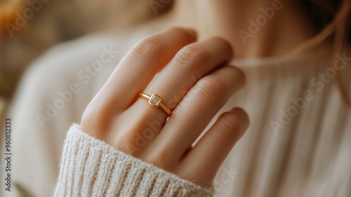 A natural stone ring on the finger of a sophisticated woman. The female model wears a sophisticated gold ring on her finger. Pictures of jewelry for e-commerce, social media, and other platforms photo