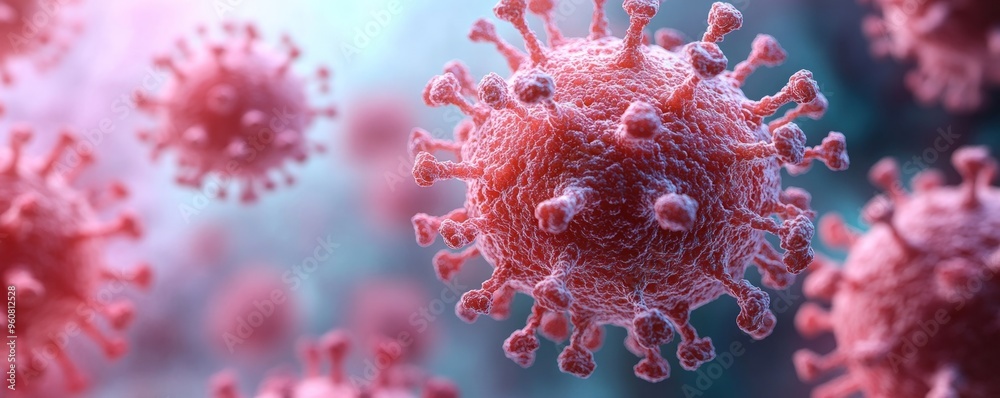 Naklejka premium A close-up of a virus particle with a blurred background, showing its complex structure.