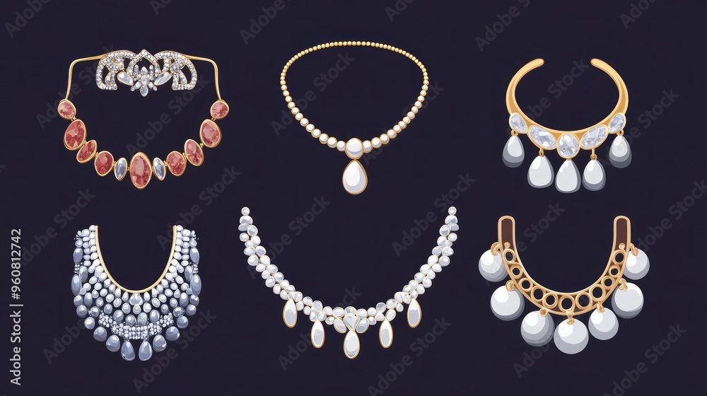 A selection of silver and gold flat jewelry. Pearl and stone earrings, a ring, and a necklace. feminine accessories in flat fashion sexy vector graphics A selection of silver and gold flat jewelry. Pearl and stone earrings, a ring, and a necklace. feminine accessories in flat fashion sexy vector graphics