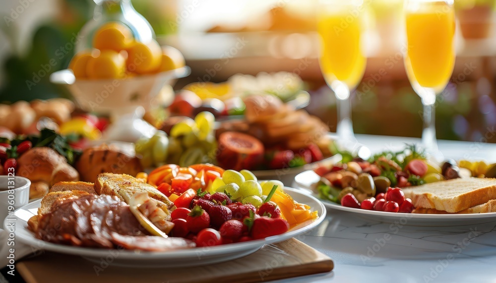 Breakfast spread with fresh ingredients, inviting and vibrant, Culinary, Bright hues, Photograph, Morning meal Breakfast spread with fresh ingredients, inviting and vibrant, Culinary, Bright hues, Photograph, Morning meal