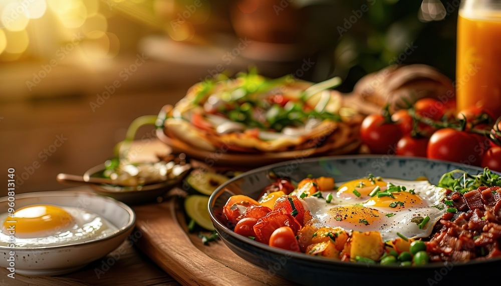 Breakfast spread with fresh ingredients, inviting and vibrant, Culinary, Bright hues, Photograph, Morning meal Breakfast spread with fresh ingredients, inviting and vibrant, Culinary, Bright hues, Photograph, Morning meal