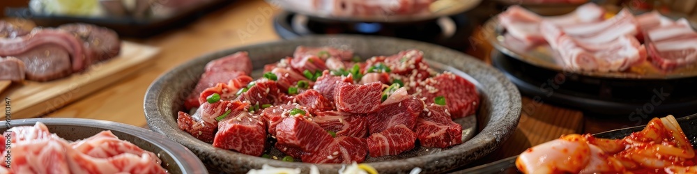 Raw pork and beef for Korean barbecue displayed on a table. Raw pork and beef for Korean barbecue displayed on a table.