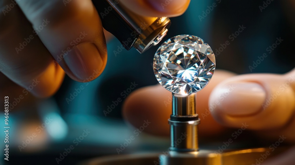 A jeweler uses a magnification to examine a polished diamond. The diamond is being examined by the buyer. jewelry made of diamonds that is being graded. A jeweler with a loupe