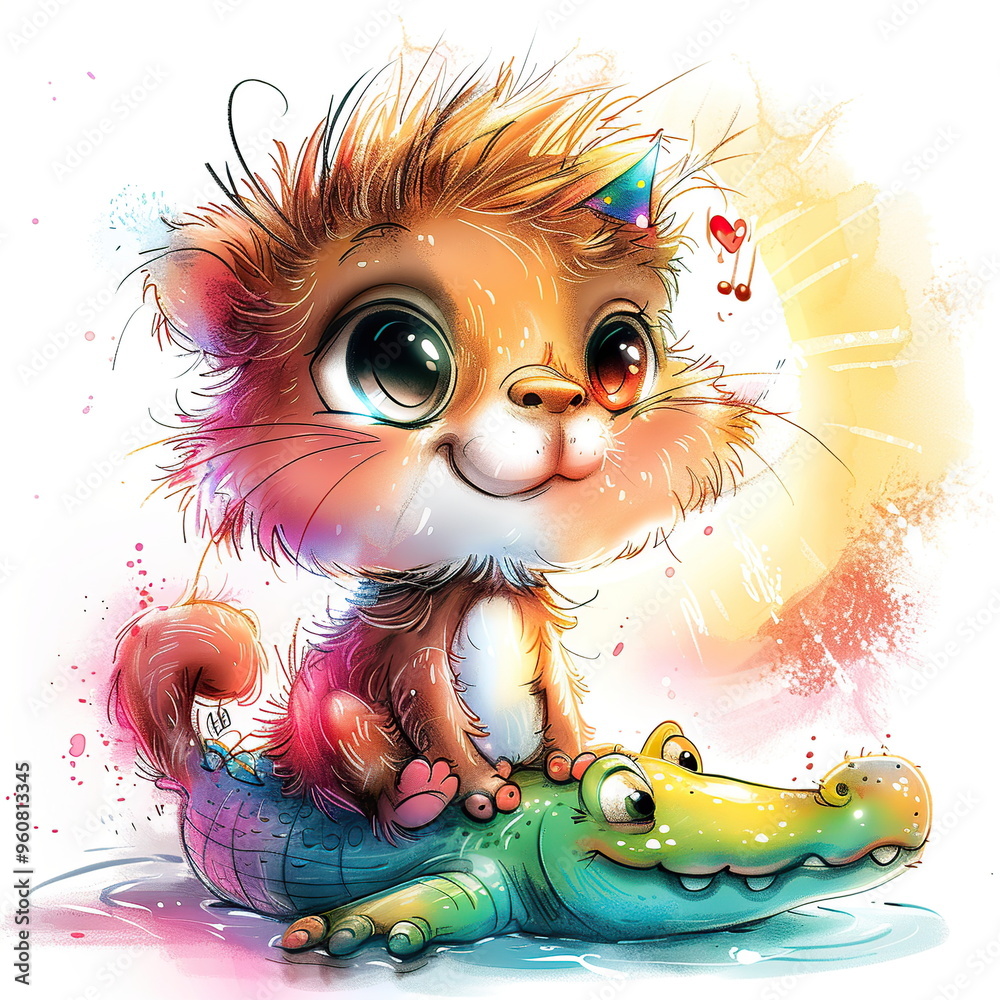 Obraz premium Cute Cartoon Lion Riding Crocodile Illustration