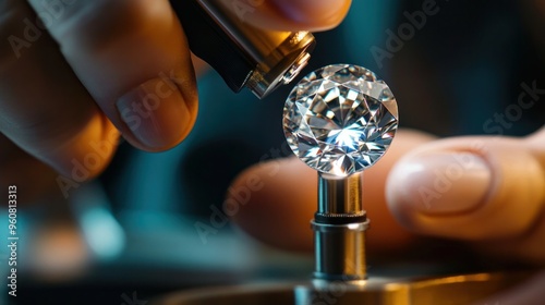 Obraz na płótnie A jeweler uses a magnification to examine a polished diamond. The diamond is being examined by the buyer. jewelry made of diamonds that is being graded. A jeweler with a loupe w salonie