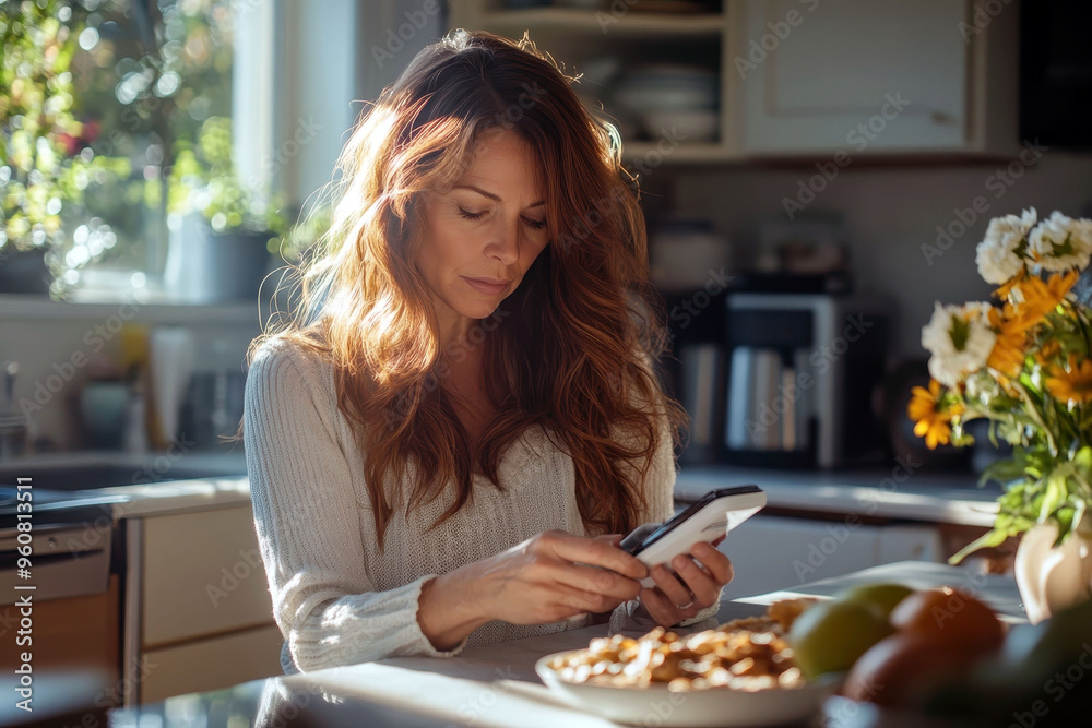 Woman checking glucose levels in sunlit kitchen with breakfast. Woman checking glucose levels in sunlit kitchen with breakfast.