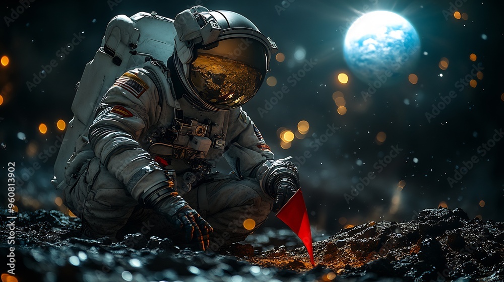 Astronaut on the surface of Mars planting a flag with Earth visible in the distant sky Astronaut on the surface of Mars planting a flag with Earth visible in the distant sky