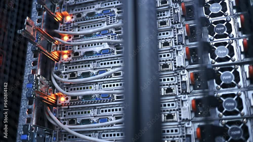 Close up of a rack-mounted server in data centre