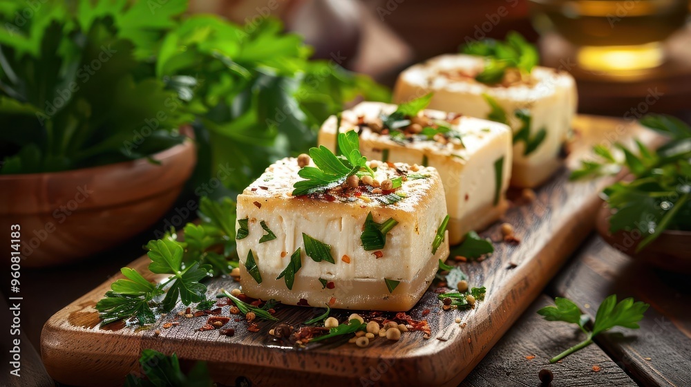 Goat cheese with herbs, rich and inviting, Culinary, Soft greens, Photograph, Gourmet delight Goat cheese with herbs, rich and inviting, Culinary, Soft greens, Photograph, Gourmet delight