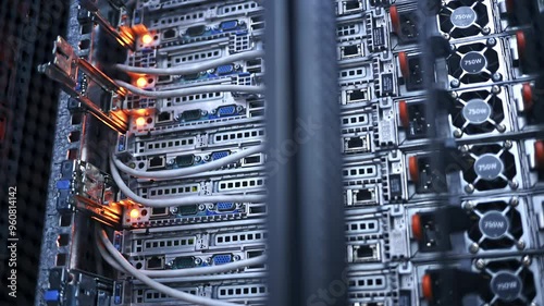 Close up of a rack-mounted server in data centre