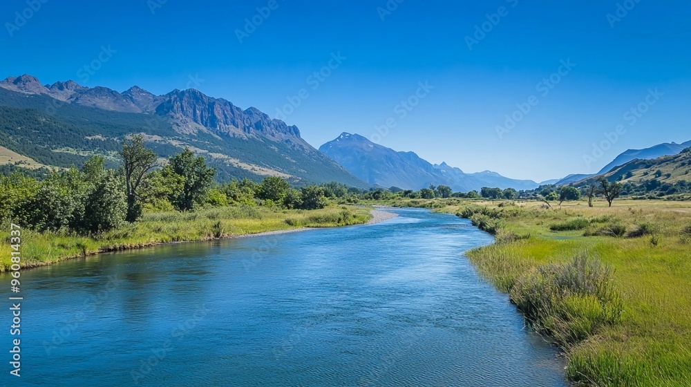 Scenic River Landscape with Lush Greenery and Majestic Mountain Views on a Clear Sunny Day Scenic River Landscape with Lush Greenery and Majestic Mountain Views on a Clear Sunny Day
