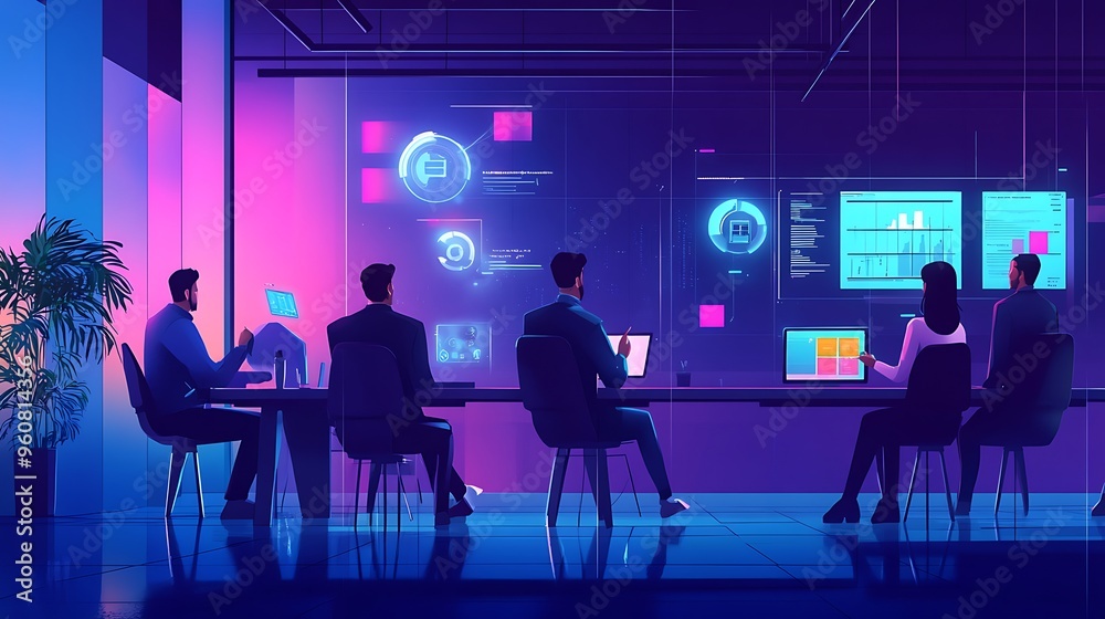 Business Meeting in a Modern Office with Neon Lights and Data Analytics Business Meeting in a Modern Office with Neon Lights and Data Analytics