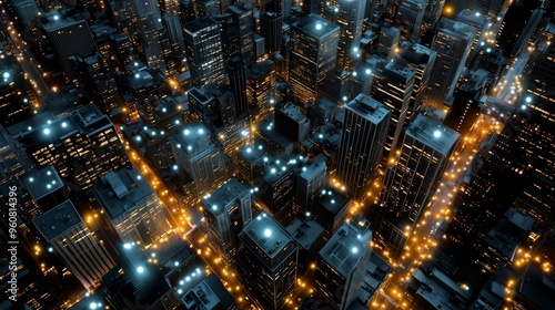 Aerial view of illuminated urban smart city landscape, digital pathways connecting skyscrapers. AI generated